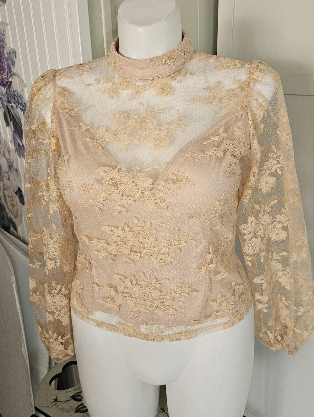 Peach Anthropologie Sheer Floral Lace Blouse XL NWOT Mock Neck Long Sleeve Boho